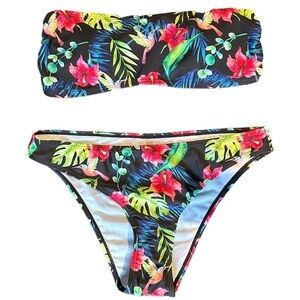 Summer Beach Tropical Print Bandeau Bikini Swimsuit